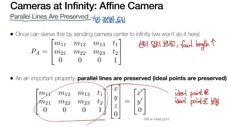 Affine Camera 모델이란? 카메라 중심이 무한대에 위치해 평행선을 유지하는 선형 투영 4 3 1